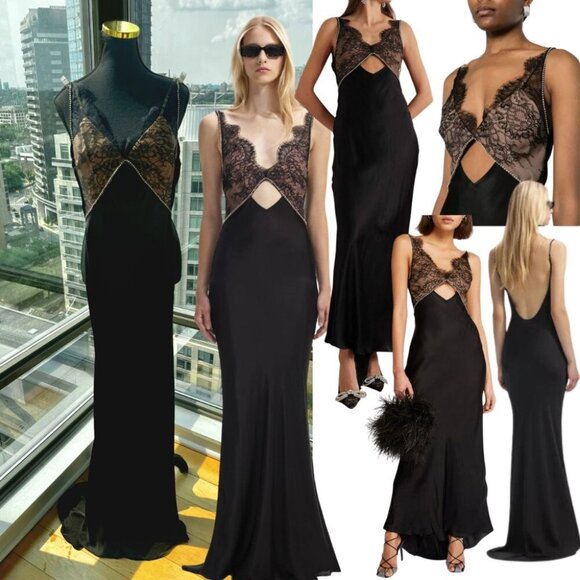 🆕 SELF PORTRAIT 🧿 NWT Black Lace Satin Maxi Dress, Sz US 2 / UK 6 - Picture 1 of 16